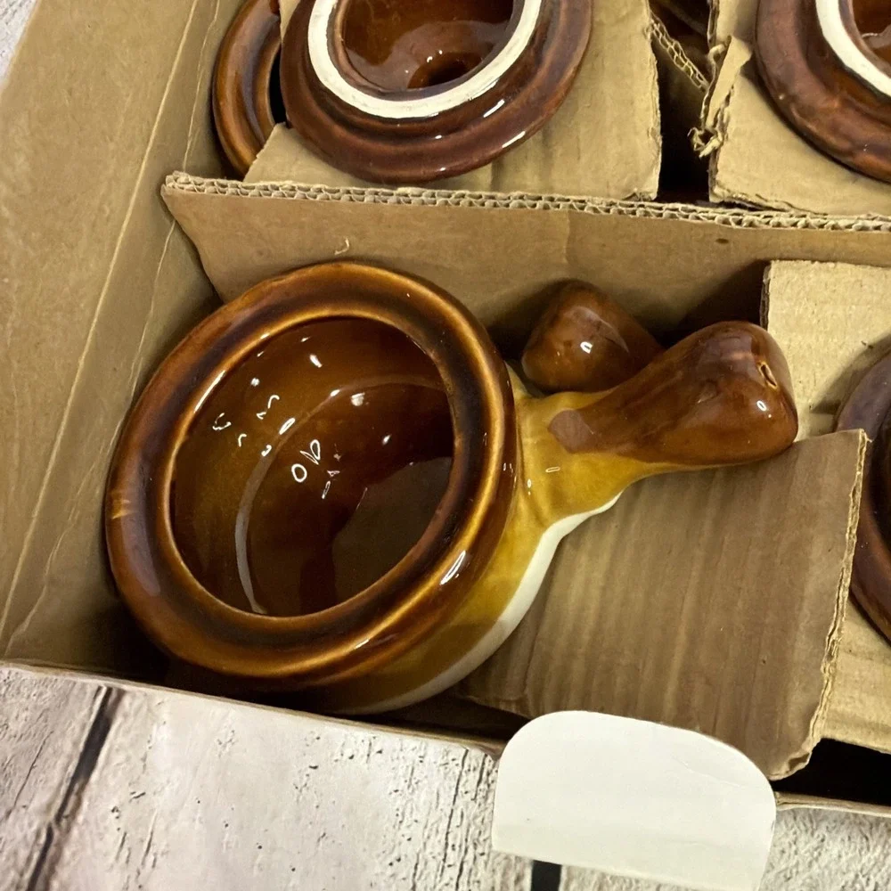 Acme French Onion Soup Crocks Set of 4 Brown & Ivory New In Distressed Box